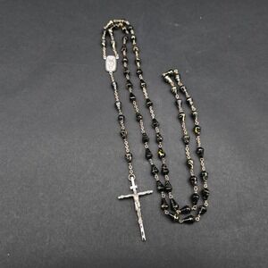 Vintage Black Gold Swirl Glass Bead Rosary Miraculous Medal Crucifix Necklace